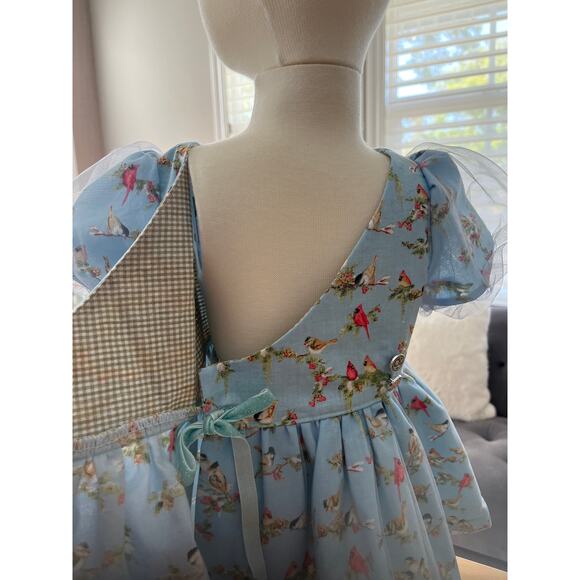 Myrtle Pattern Baby Girl Chiffon and Cotton Puff Sleeved Dress Baby Blue Birds - Picture 7 of 10